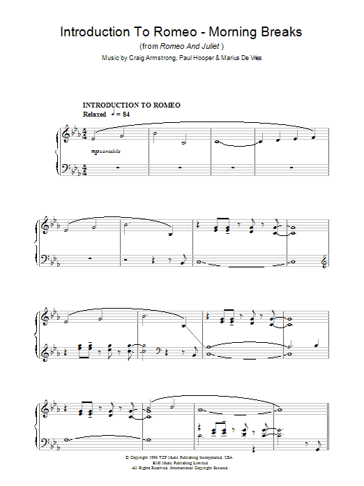 Craig Armstrong Introduction To Romeo - Morning Breaks (from Romeo And Juliet) sheet music notes and chords arranged for Piano Solo