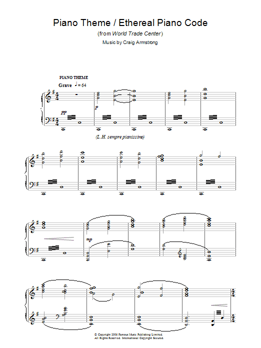 Craig Armstrong Piano Theme/Ethereal Piano Code (from World Trade Center) sheet music notes and chords arranged for Piano Solo