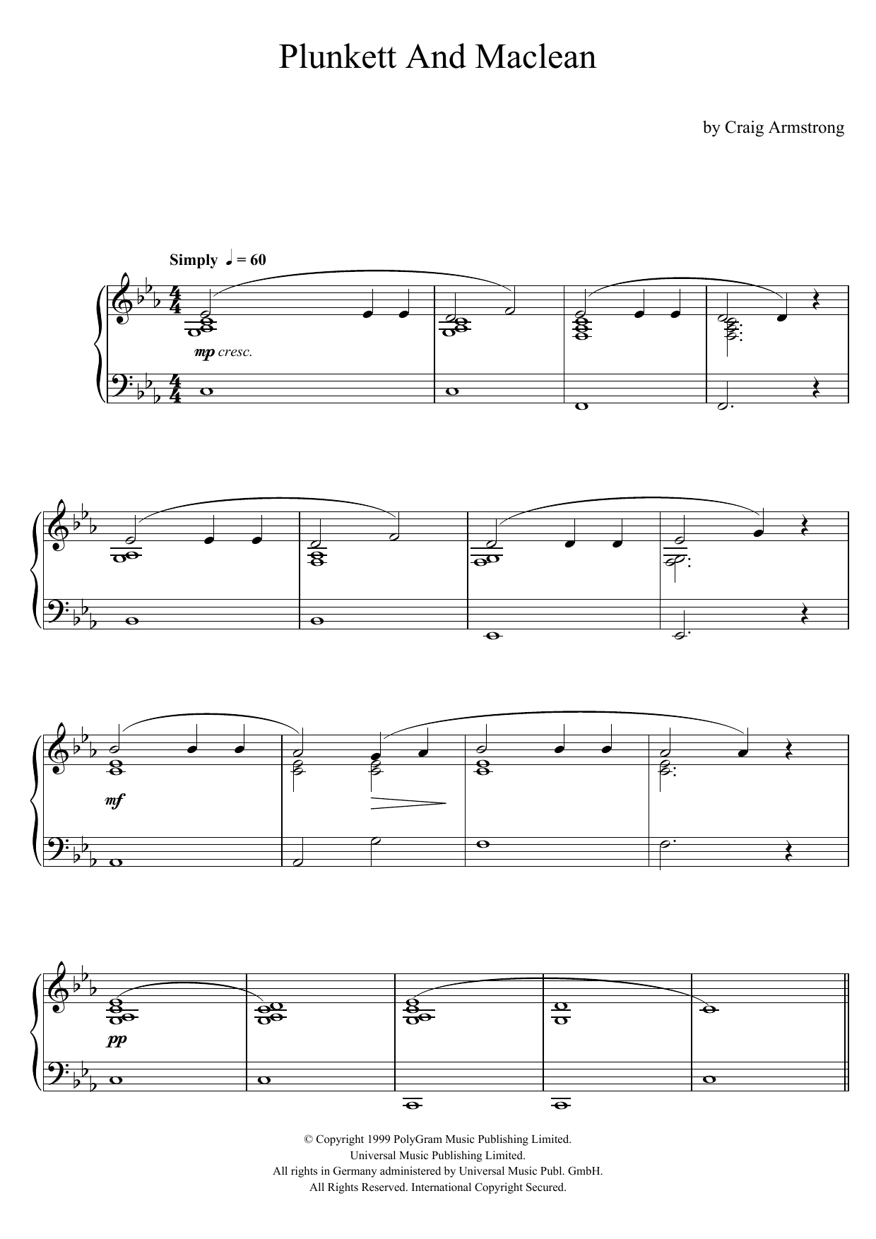 Craig Armstrong Plunkett and Macleane (Rebecca) sheet music notes and chords arranged for Piano Solo