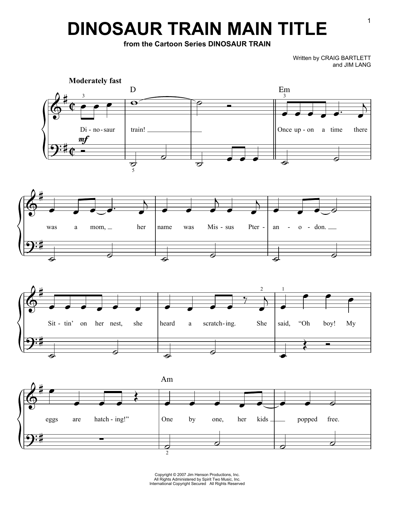 Craig Bartlett Dinosaur Train Main Title sheet music notes and chords arranged for Easy Piano