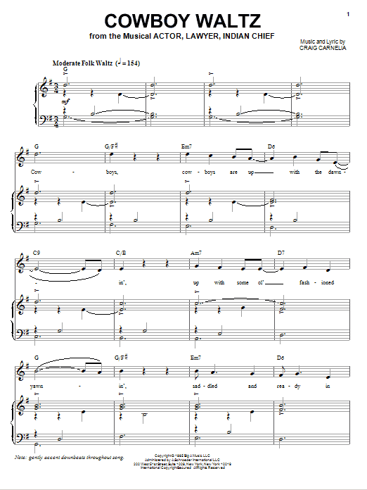 Craig Carnelia Cowboy Waltz sheet music notes and chords arranged for Piano & Vocal