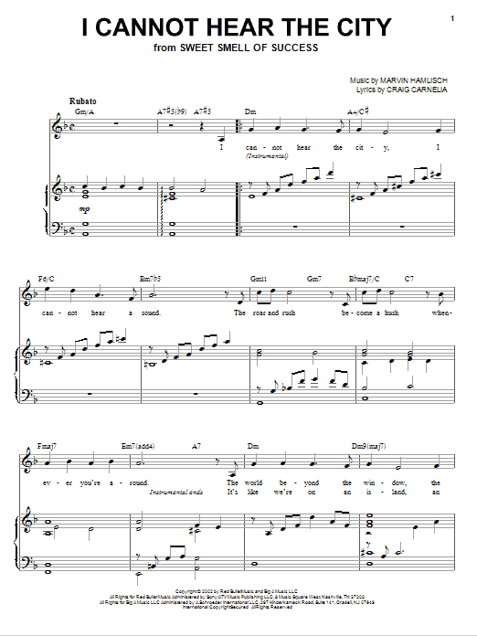 Craig Carnelia I Cannot Hear The City sheet music notes and chords arranged for Piano & Vocal
