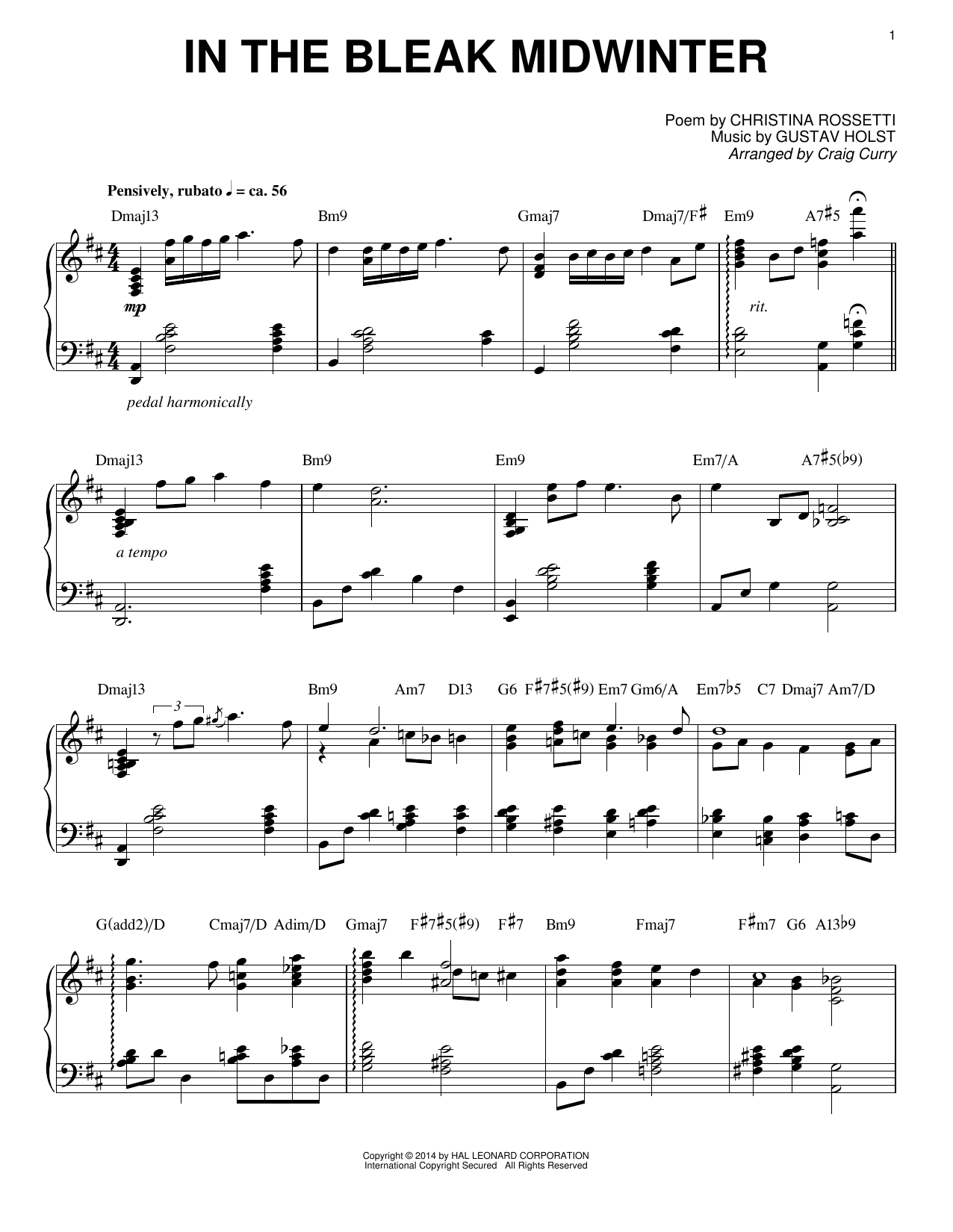 Craig Curry In The Bleak Midwinter (arr. Craig Curry) sheet music notes and chords arranged for Piano Solo