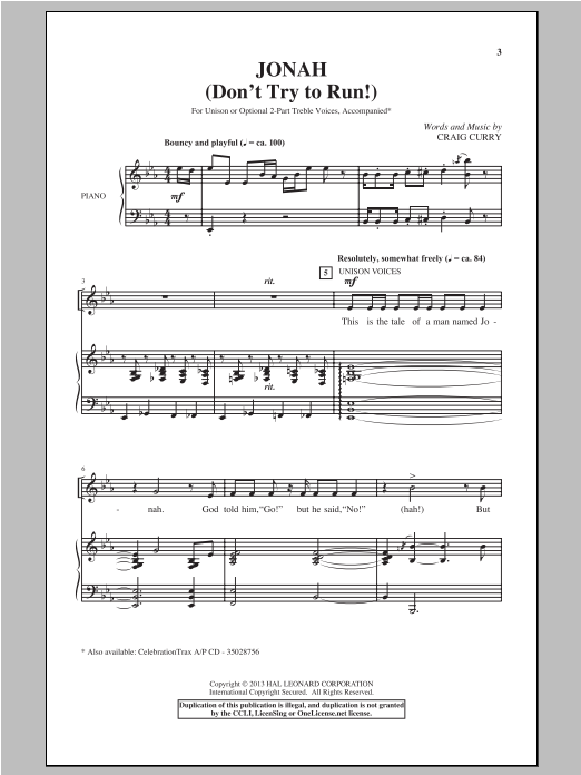 Craig Curry Jonah (Don't Try To Run!) sheet music notes and chords arranged for Unison Choir