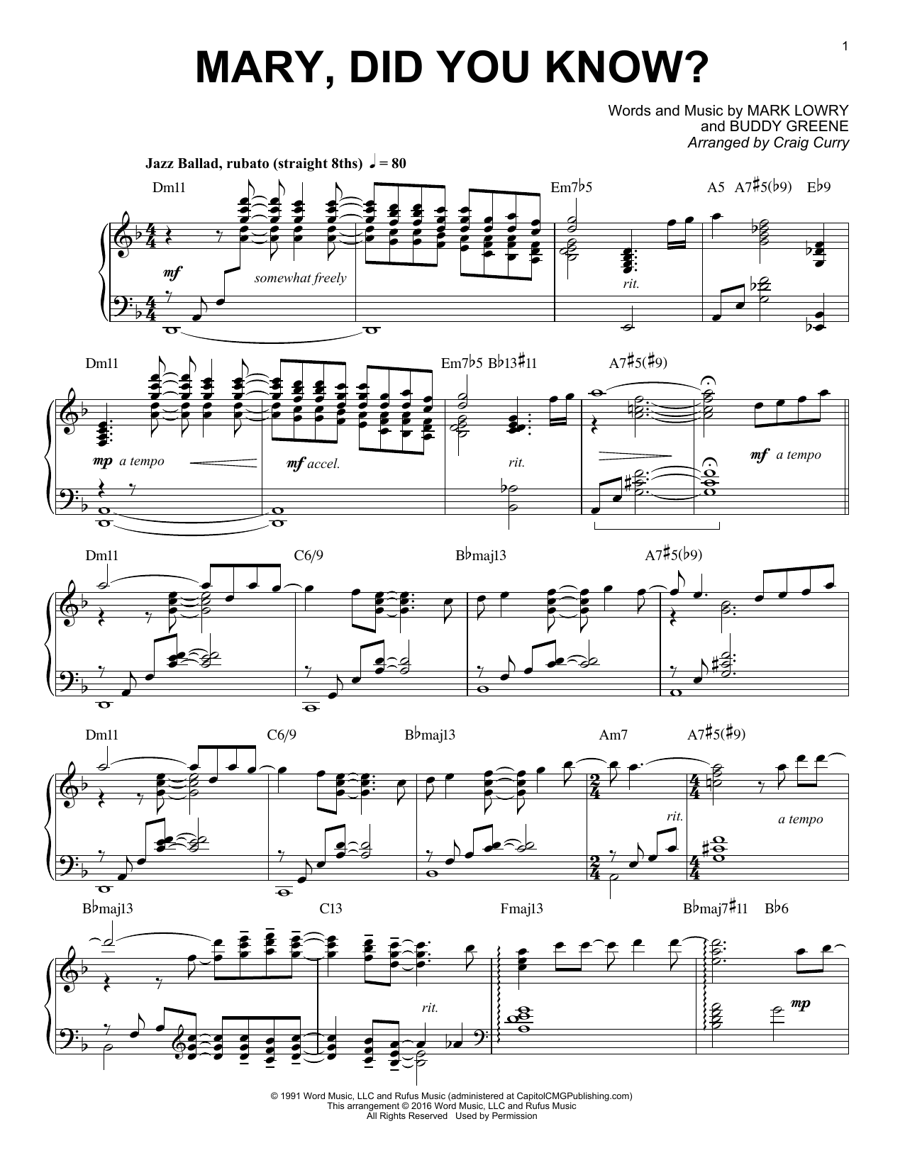 Craig Curry Mary, Did You Know? sheet music notes and chords arranged for Piano Solo