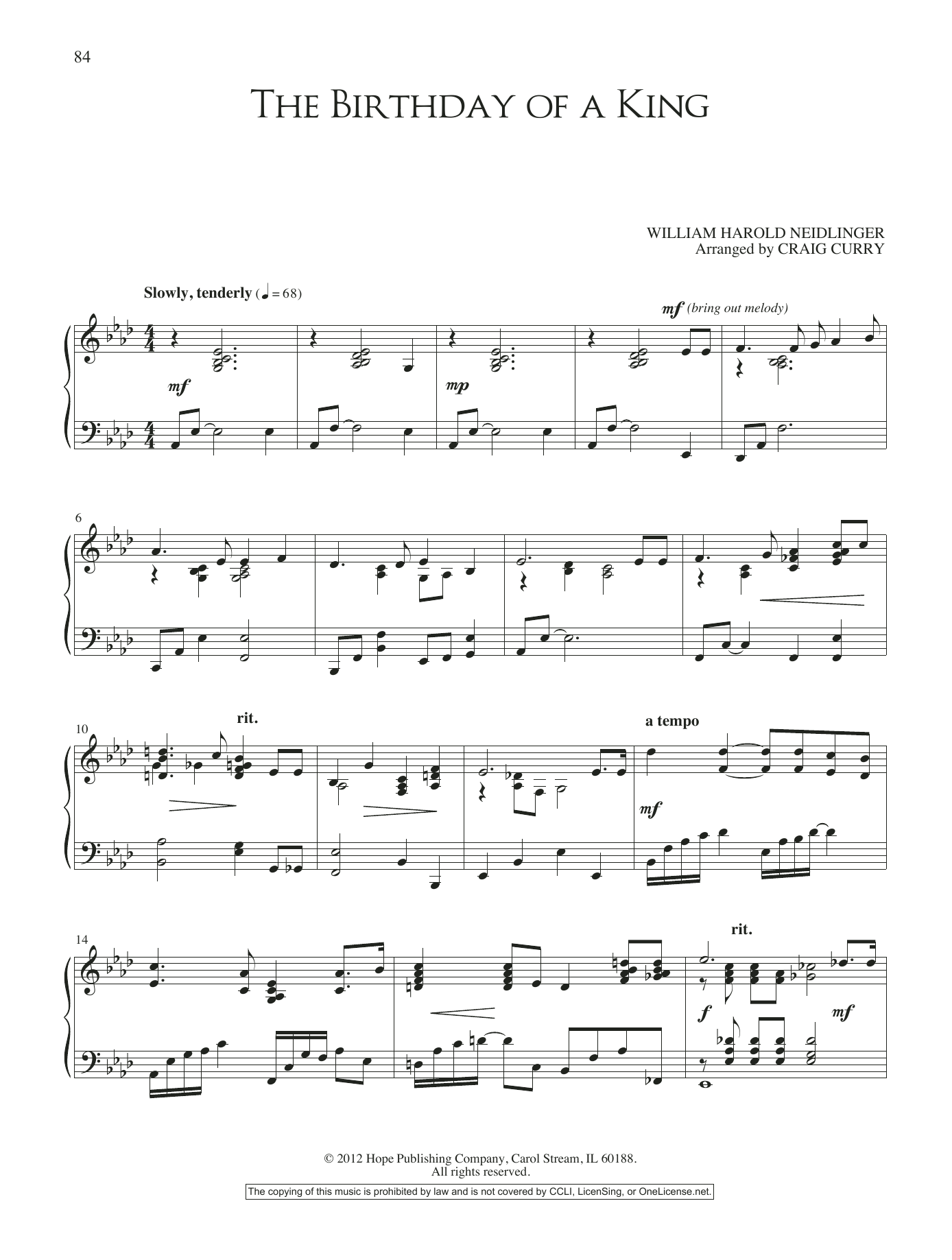 Craig Curry The Birthday of a King sheet music notes and chords arranged for Piano Solo
