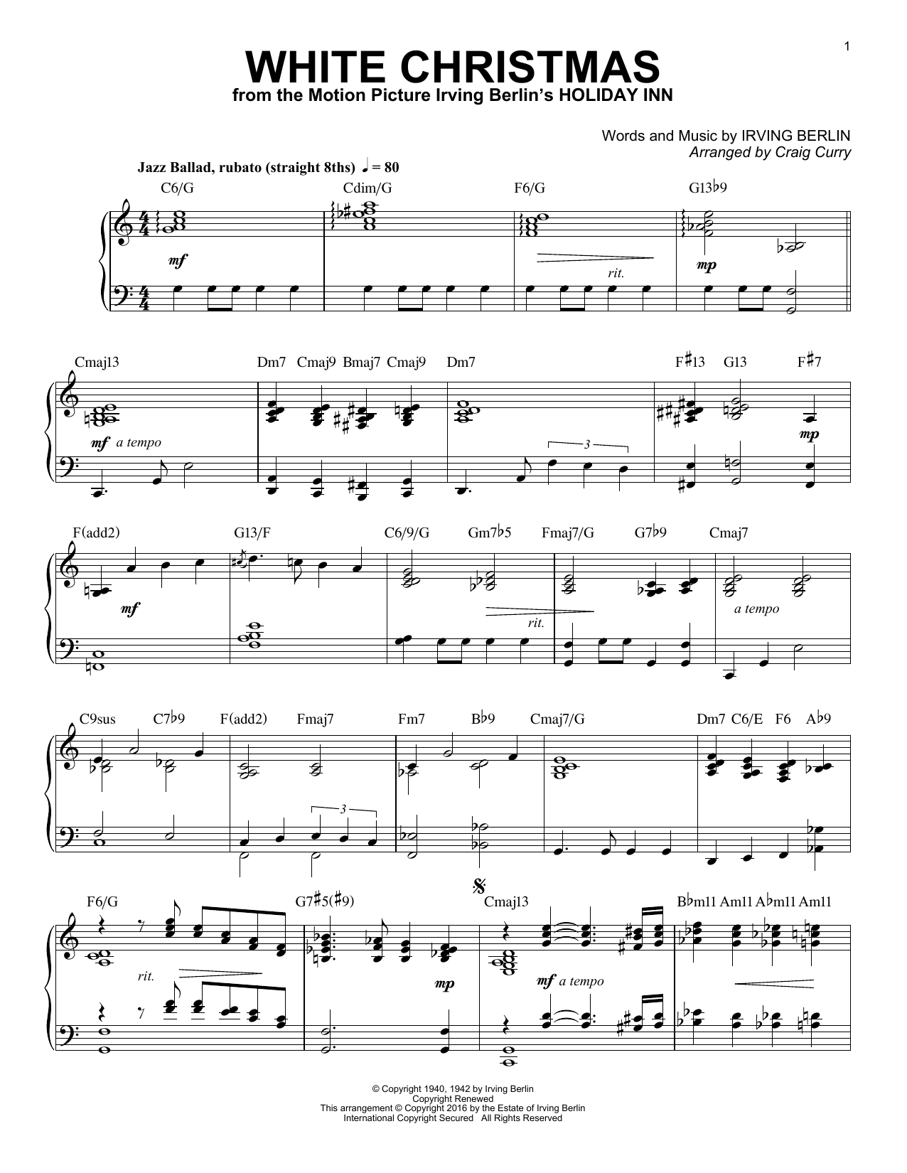 Craig Curry White Christmas sheet music notes and chords arranged for Piano Solo