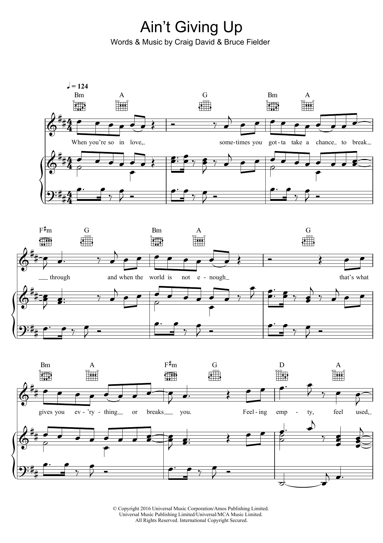 Craig David Ain't Giving Up (feat. Sigala) sheet music notes and chords arranged for Easy Piano