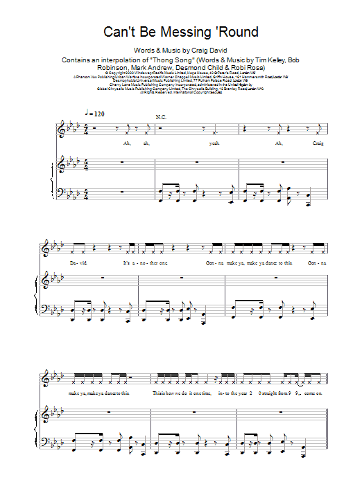 Craig David Can't Be Messing 'Round sheet music notes and chords arranged for Piano, Vocal & Guitar Chords