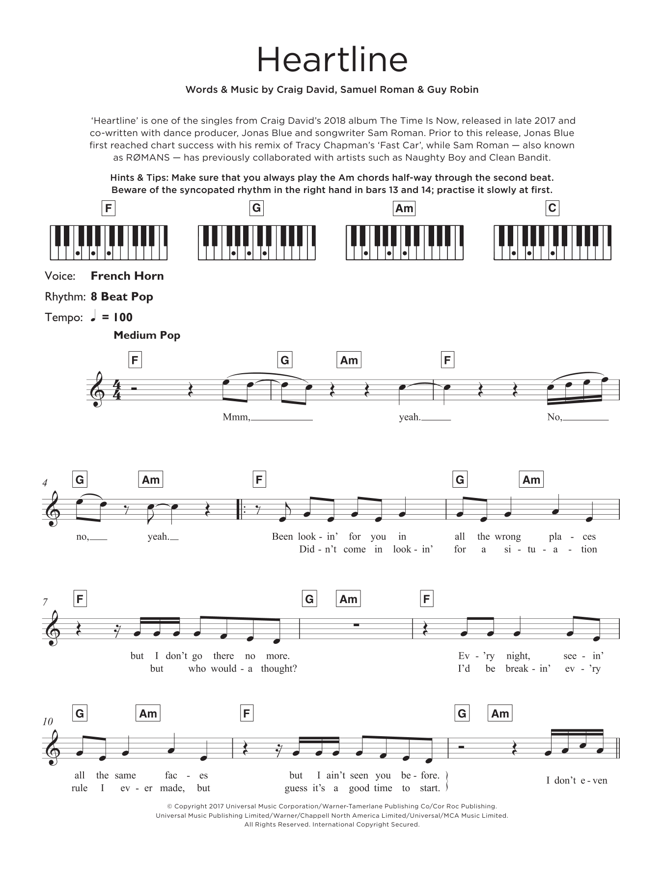 Craig David Heartline sheet music notes and chords arranged for Beginner Piano