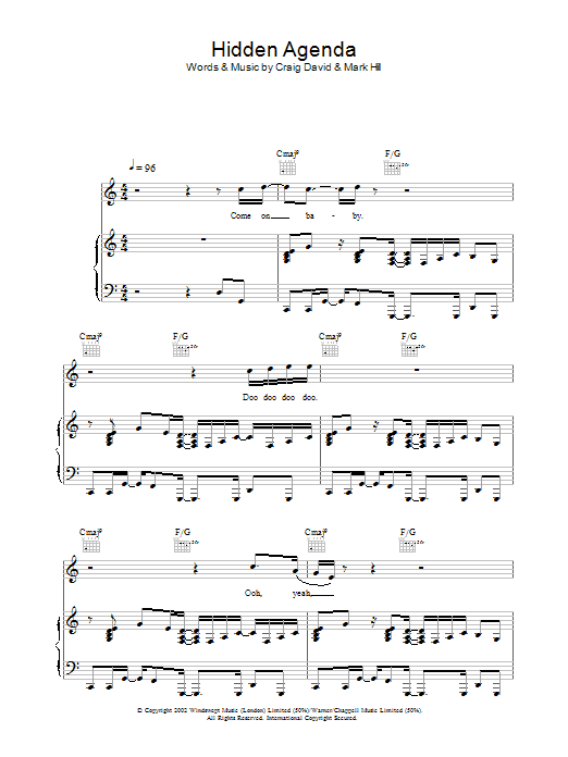 Craig David Hidden Agenda sheet music notes and chords arranged for Piano, Vocal & Guitar Chords