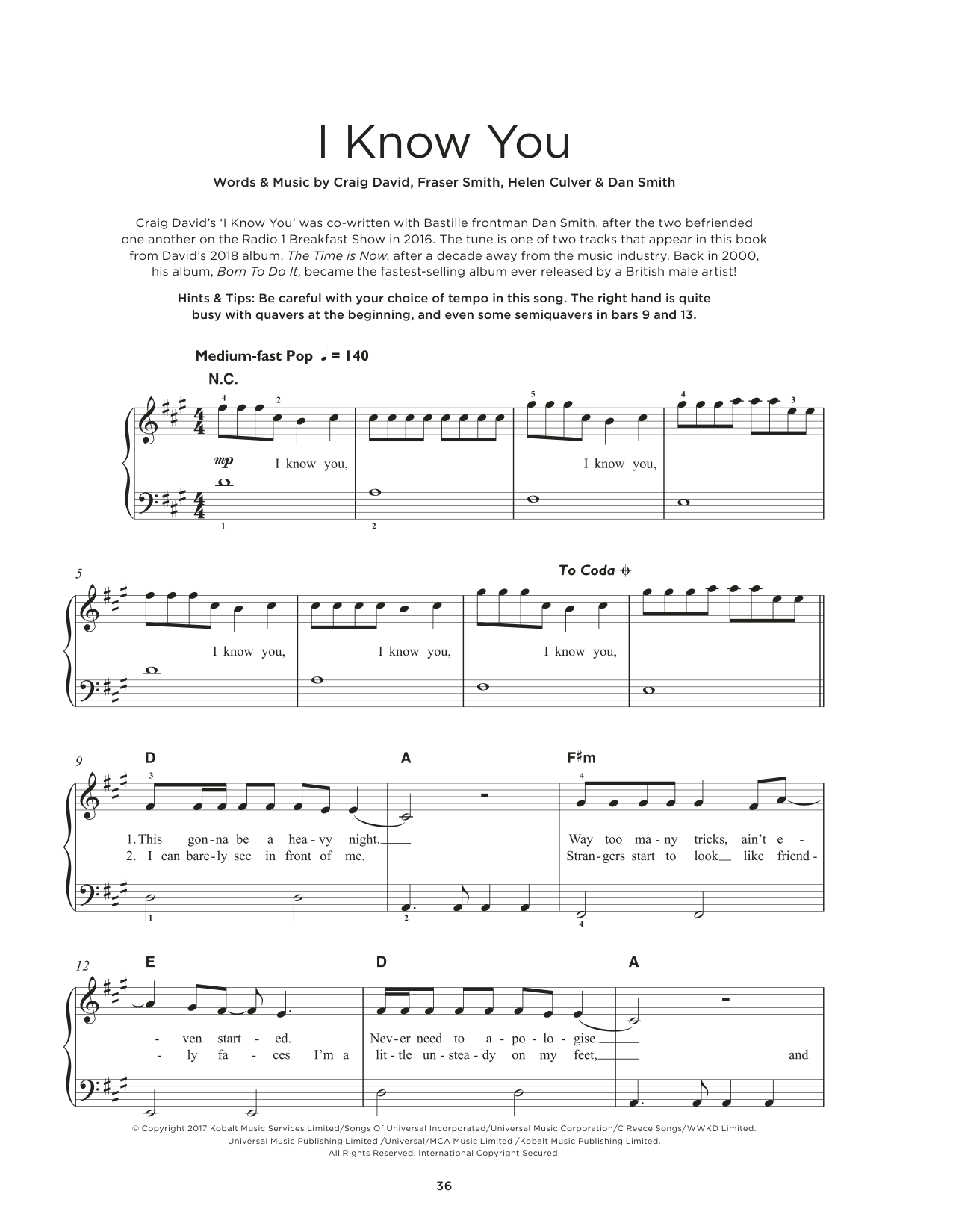 Craig David I Know You (feat. Bastille) sheet music notes and chords arranged for Really Easy Piano