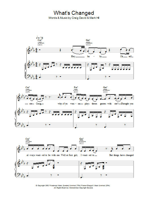 Craig David What's Changed sheet music notes and chords arranged for Piano, Vocal & Guitar Chords
