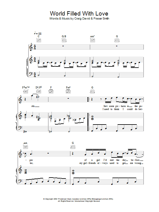 Craig David World Filled With Love sheet music notes and chords arranged for Piano, Vocal & Guitar Chords