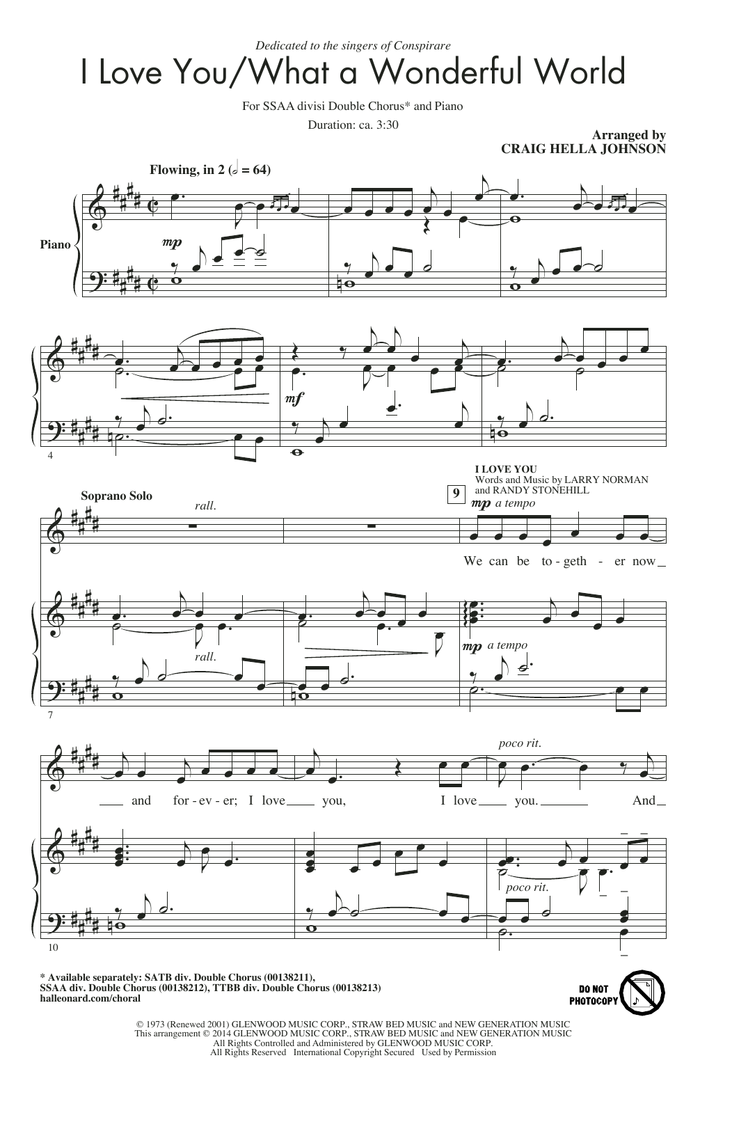 Craig Hella Johnson I Love You / What A Wonderful World sheet music notes and chords arranged for SSA Choir