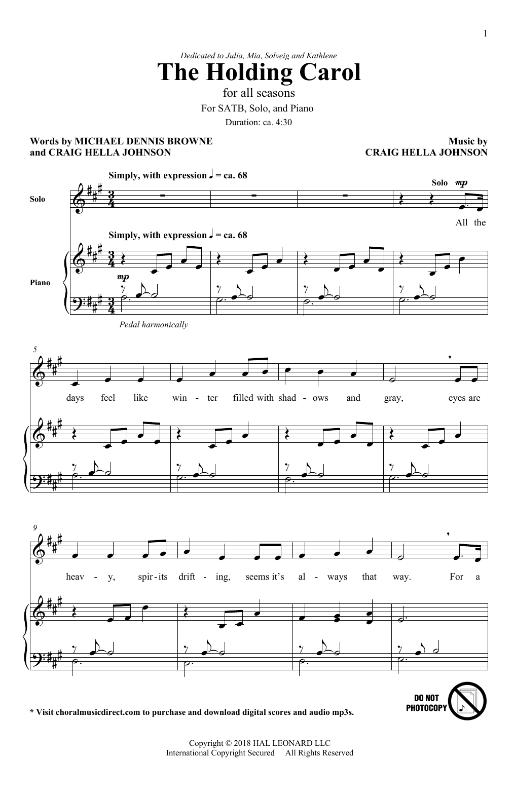 Craig Hella Johnson The Holding Carol sheet music notes and chords arranged for SATB Choir