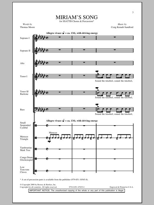 Craig Kenath Sandford Miriam's Song sheet music notes and chords arranged for SATB Choir