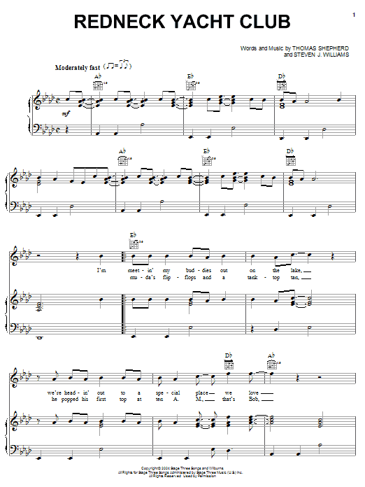 Craig Morgan Redneck Yacht Club sheet music notes and chords arranged for Piano, Vocal & Guitar Chords (Right-Hand Melody)