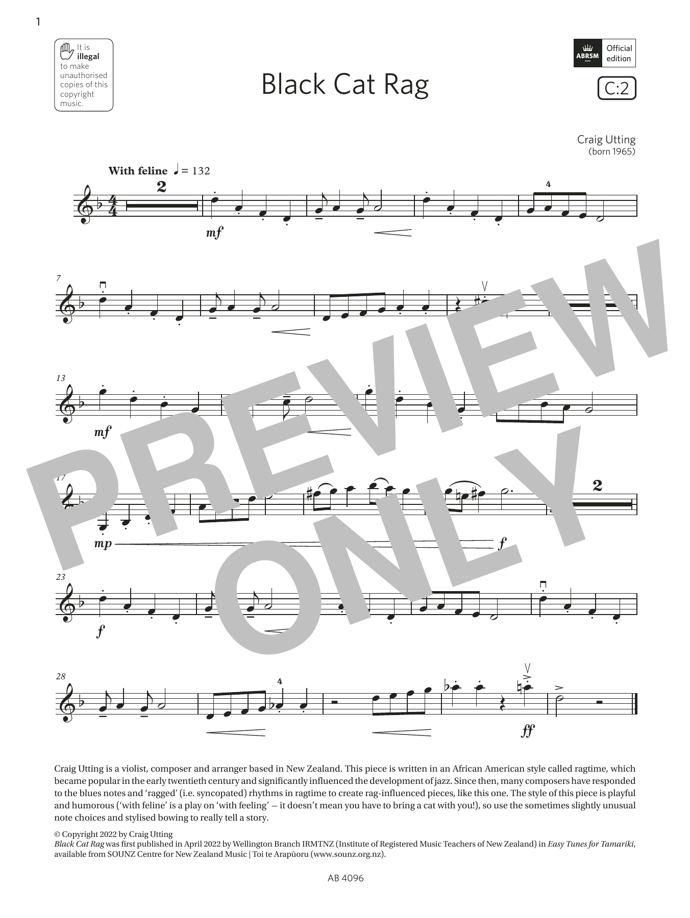 Craig Utting Black Cat Rag (Grade 2, C2, from the ABRSM Violin Syllabus from 2024) sheet music notes and chords arranged for Violin Solo