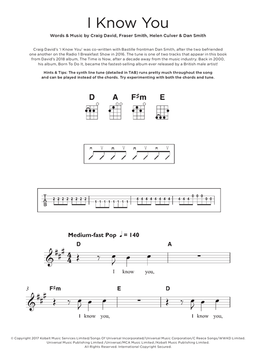 Craig David I Know You (feat. Bastille) sheet music notes and chords arranged for Beginner Ukulele