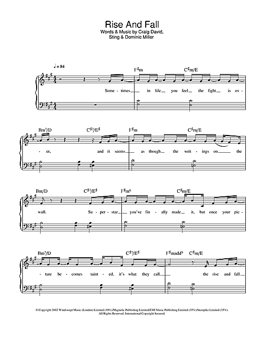 Craig David Rise & Fall sheet music notes and chords arranged for Easy Piano