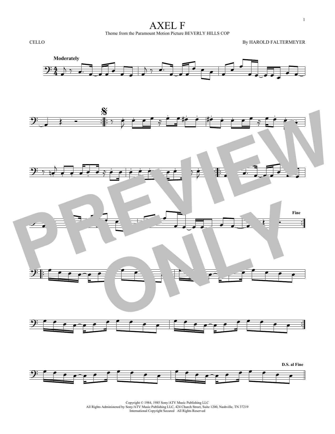 Crazy Frog Axel F sheet music notes and chords arranged for Cello Solo