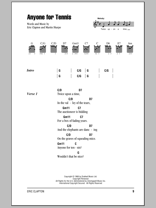 Cream Anyone For Tennis sheet music notes and chords arranged for Guitar Chords/Lyrics