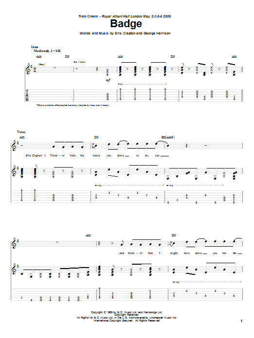 Cream Badge (Royal Albert Hall version) sheet music notes and chords arranged for Guitar Tab