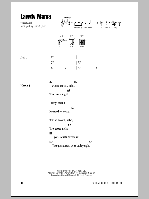 Cream Lawdy Mama sheet music notes and chords arranged for Guitar Chords/Lyrics
