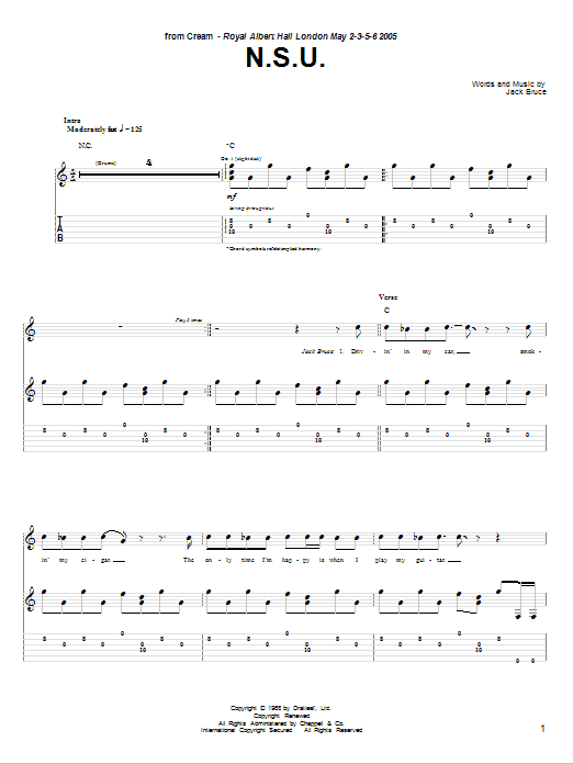 Cream N.S.U. sheet music notes and chords arranged for Guitar Tab