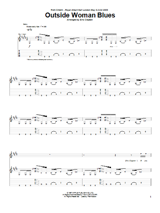 Cream Outside Woman Blues (Royal Albert Hall version) sheet music notes and chords arranged for Guitar Tab