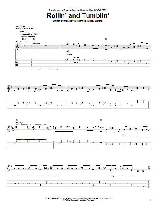 Cream Rollin' And Tumblin' sheet music notes and chords arranged for Guitar Tab