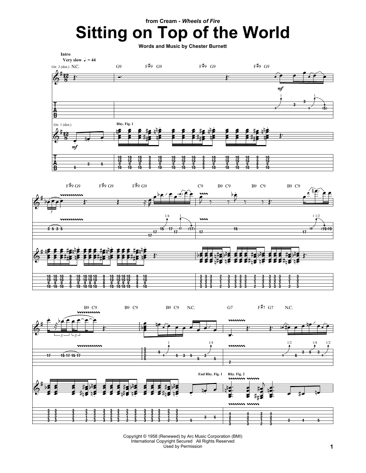 Cream Sitting On Top Of The World sheet music notes and chords arranged for Guitar Tab