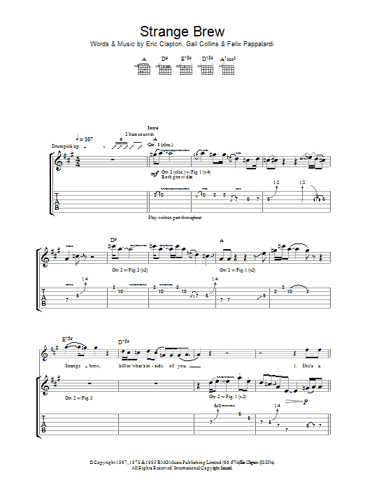 Cream Strange Brew sheet music notes and chords arranged for Piano, Vocal & Guitar Chords (Right-Hand Melody)