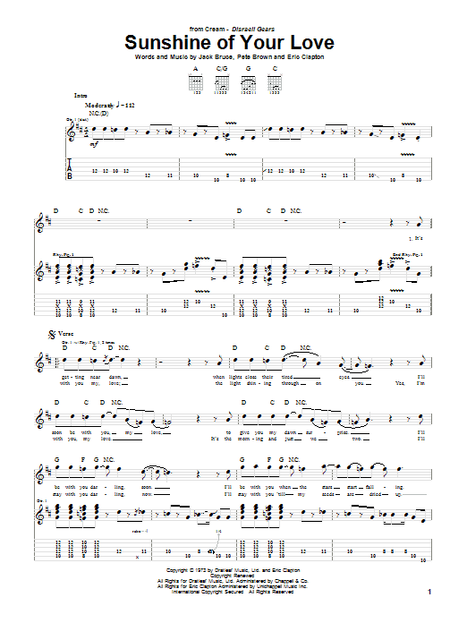 Cream Sunshine Of Your Love sheet music notes and chords arranged for School of Rock – Lead Guitar Tab
