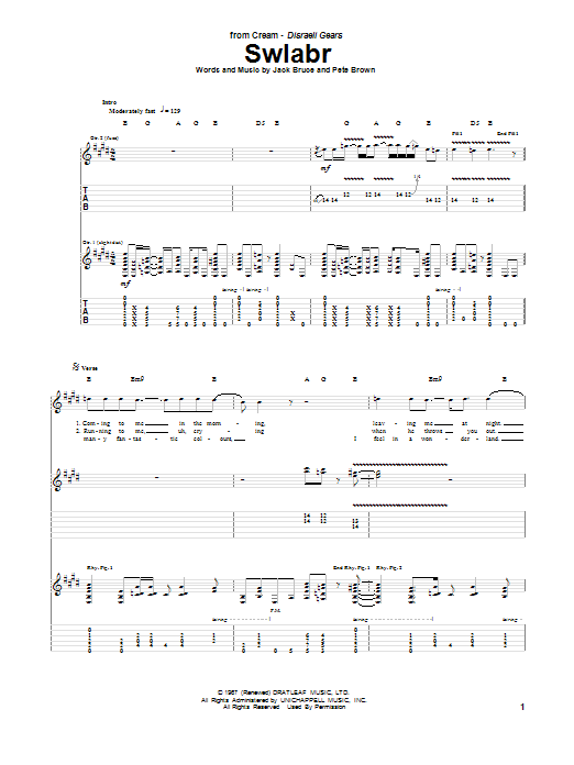 Cream Swlabr sheet music notes and chords arranged for Bass Guitar Tab