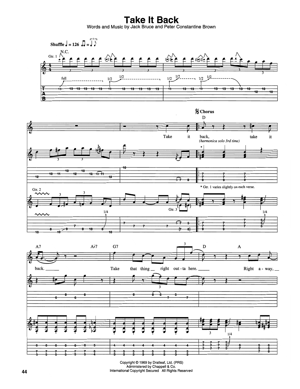 Cream Take It Back sheet music notes and chords arranged for Guitar Tab