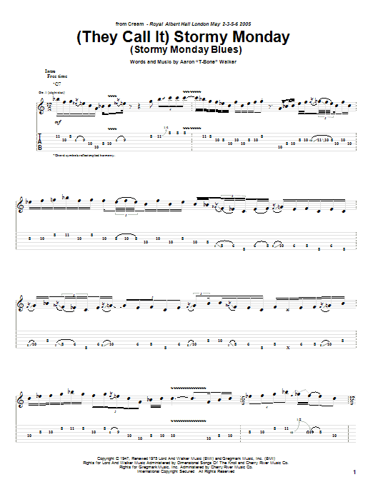 Cream (They Call It) Stormy Monday (Stormy Monday Blues) sheet music notes and chords arranged for Guitar Tab