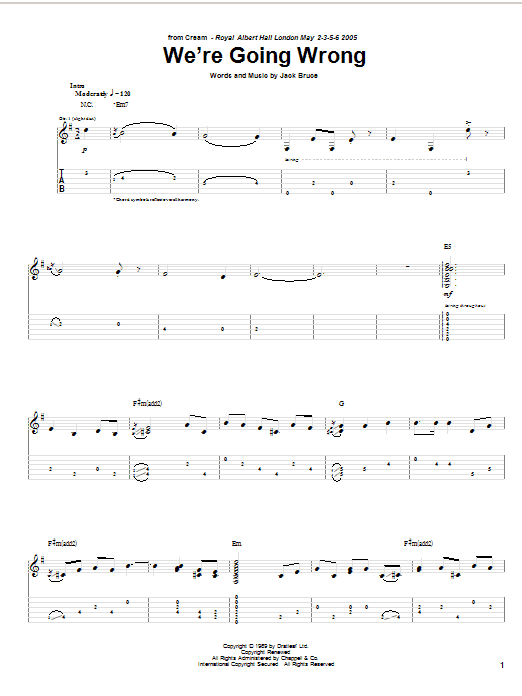 Cream We're Going Wrong sheet music notes and chords arranged for Guitar Tab