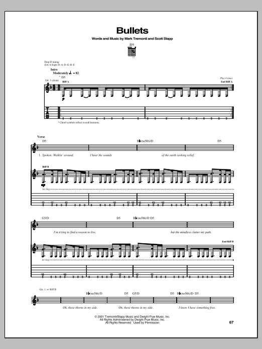 Creed Bullets sheet music notes and chords arranged for Guitar Tab