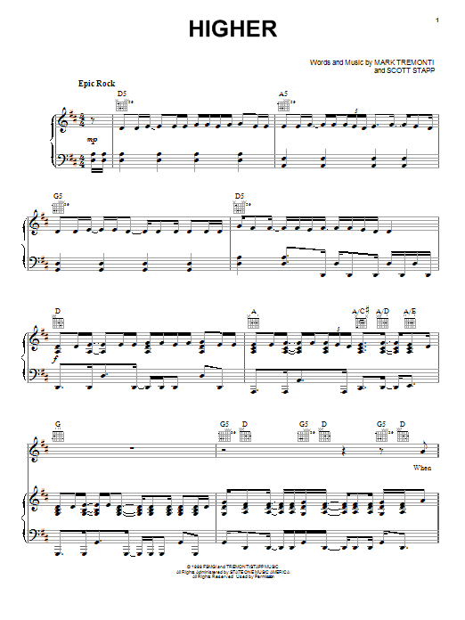 Creed Higher sheet music notes and chords arranged for Piano, Vocal & Guitar Chords (Right-Hand Melody)