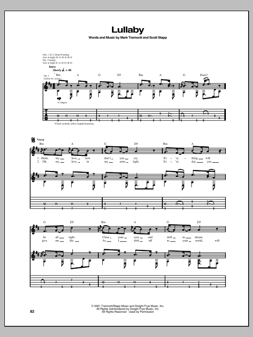 Creed Lullaby sheet music notes and chords arranged for Guitar Tab