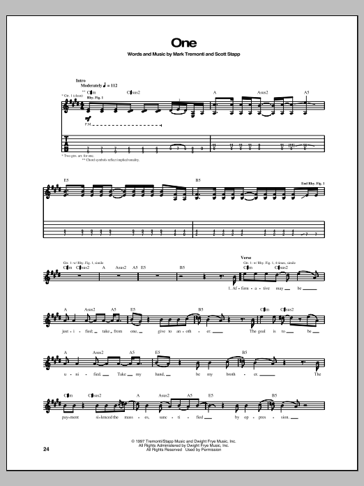Creed One sheet music notes and chords arranged for Guitar Tab
