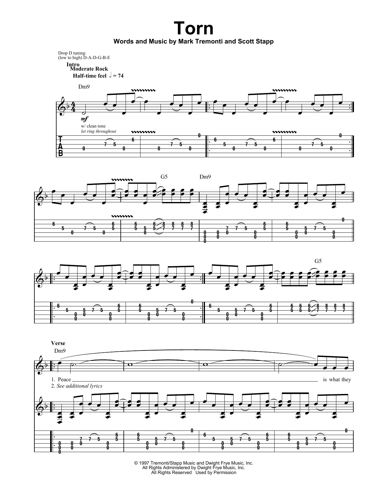 Creed Torn sheet music notes and chords arranged for Guitar Tab (Single Guitar)