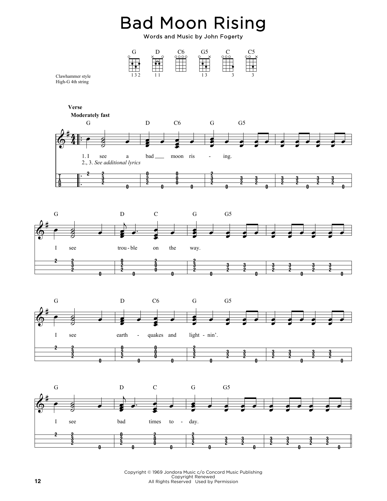 Creedence Clearwater Revival Bad Moon Rising (arr. Jim Schustedt) sheet music notes and chords arranged for Ukulele