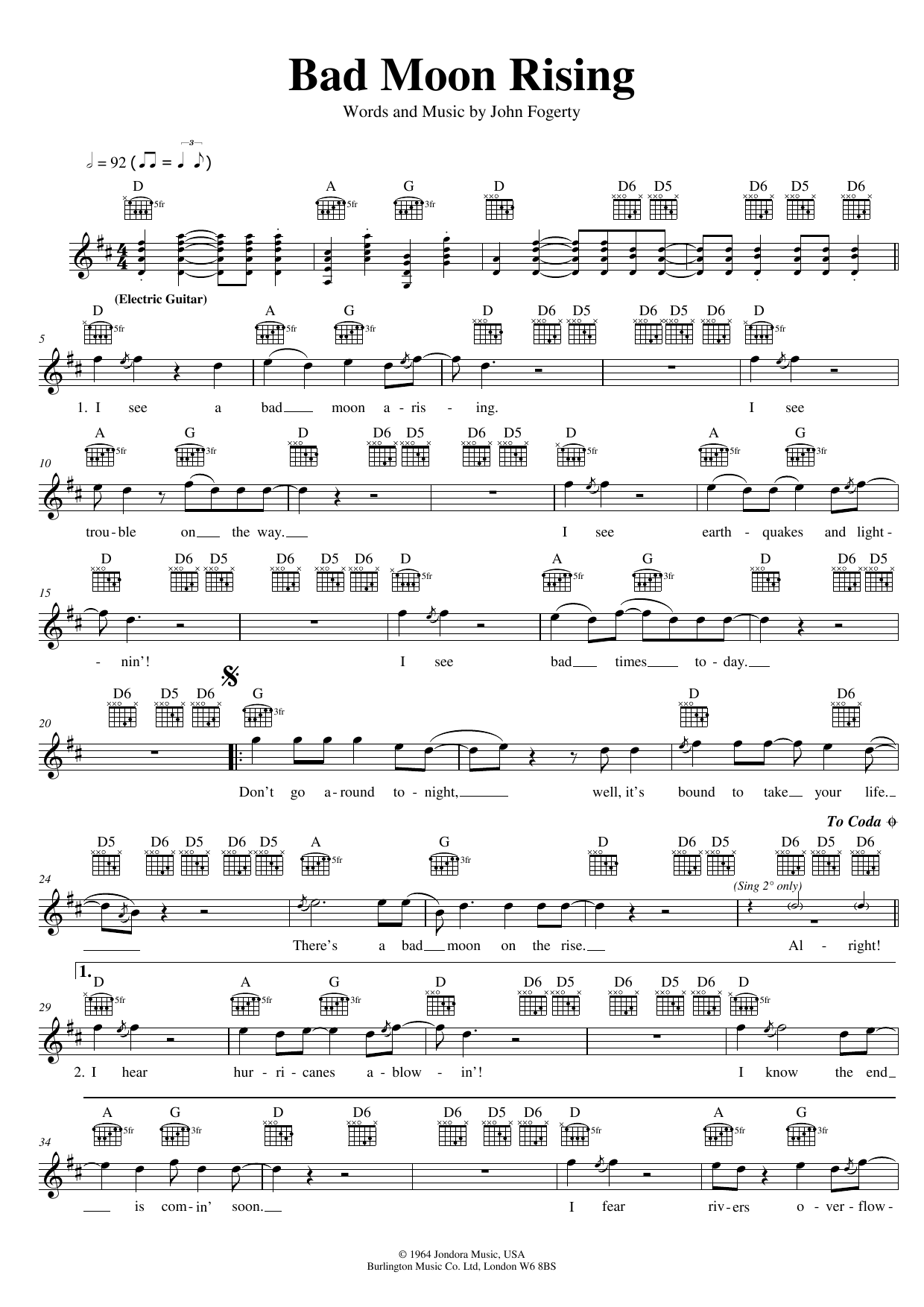 Creedence Clearwater Revival Bad Moon Rising sheet music notes and chords arranged for Guitar Tab (Single Guitar)