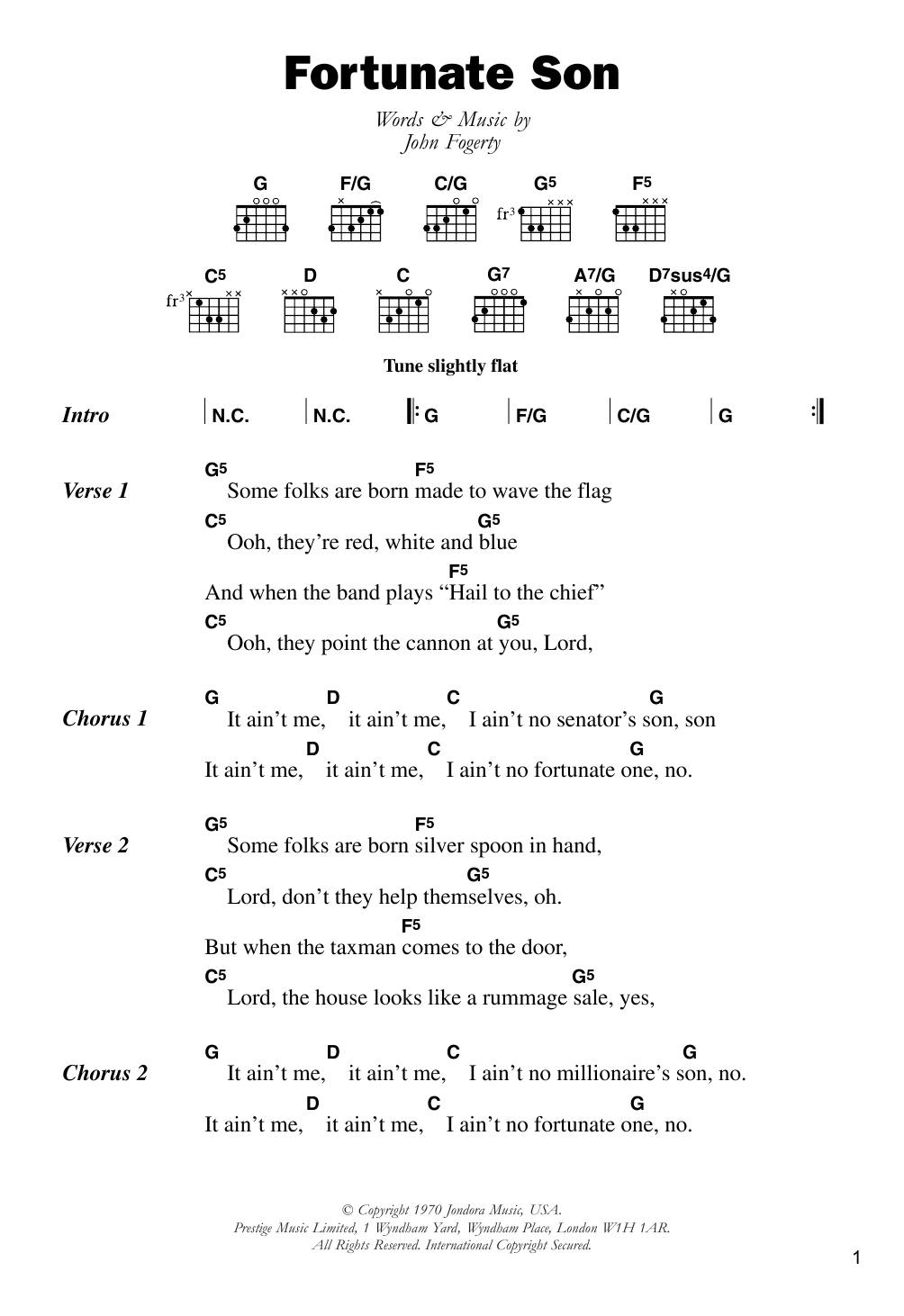 Creedence Clearwater Revival Fortunate Son sheet music notes and chords arranged for Guitar Tab (Single Guitar)