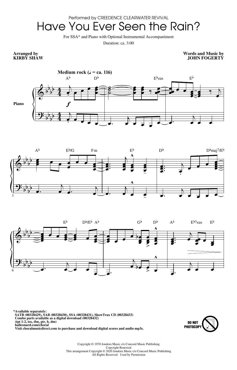 Creedence Clearwater Revival Have You Ever Seen The Rain? (arr. Kirby Shaw) sheet music notes and chords arranged for SSA Choir