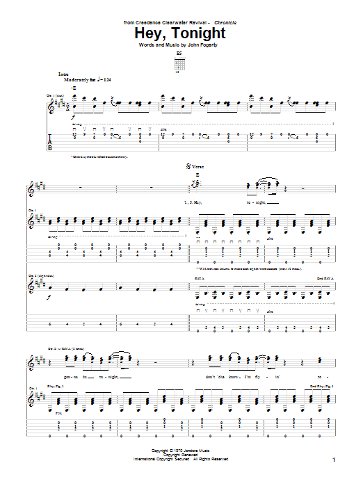 Creedence Clearwater Revival Hey, Tonight sheet music notes and chords arranged for Piano, Vocal & Guitar Chords (Right-Hand Melody)