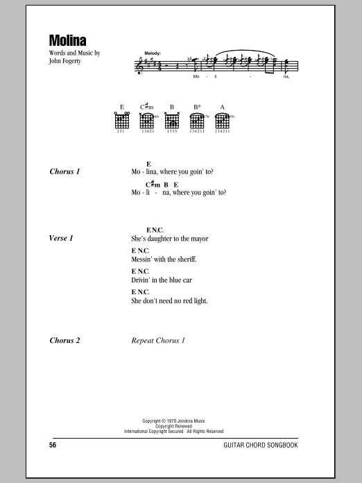 Creedence Clearwater Revival Molina sheet music notes and chords arranged for Guitar Chords/Lyrics